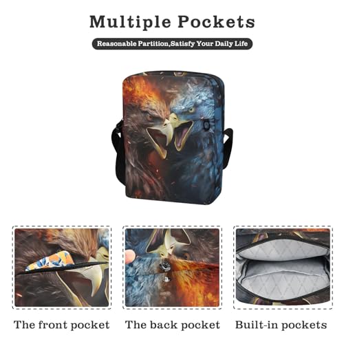 Crossbody Bag Blue Ice Fire Flame Bald Eagle Fight Messenger Bag for Women Men Purse Shoulder Bag Satchel Bag with Adjustable Strap 214A56372