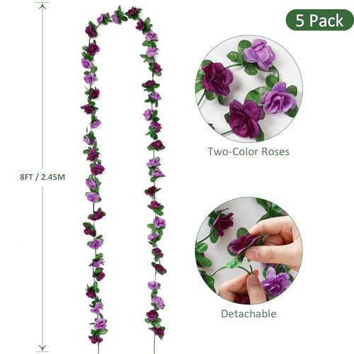 Weldomcor Pack of 5 Artificial Purple Garland 8 FT Flower Garland Roses Vines Silk Flowers Outdoor Hanging Artificial Flowers Decoration for Wedding Arch Bedroom Wall Backdrop Garden Decoration - Image 2