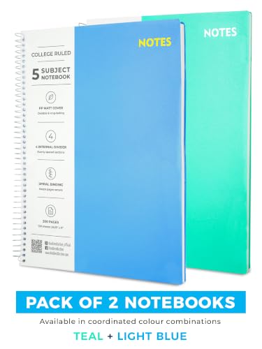 Image of DOODLE Focus Flow 5 Subject Spiral Notebook Set of 2 | Teal + Light Blue | 200 Sheets Each, College Ruled Paper | Notebooks with Dividers & Water Resistant Covers for School & Study Notes
