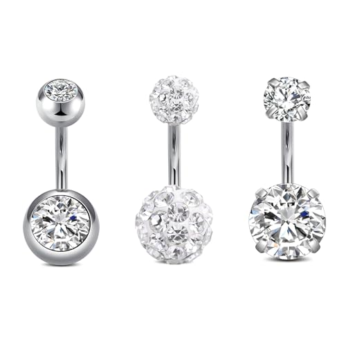 NIUSIMAN 14G piercing ombligo,3 piezas corazón piercing ombligo acero quirurgico plata 8mm longitud la barra de perforación del ombligo Joyería ombligo Piercing pequeños cristales ombligo Piercing