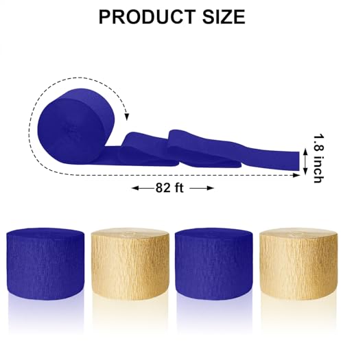 Image of 4 Crepe Paper Streamers Rolls, 328ft Pack of Navy Blue and Gold Crepe Paper for Graduation Anniversary Wedding New Year Birthday Party Decorations (1.8 inch x 82 ft /Roll)