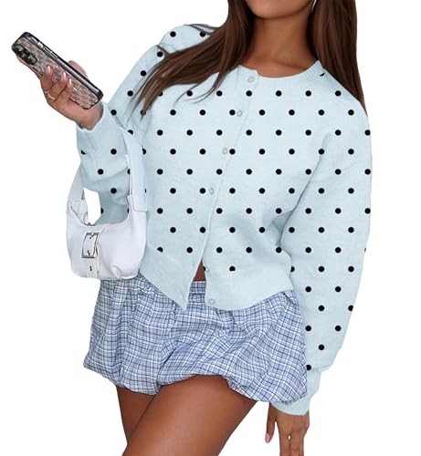 Women Y2k Polka Dot Button Up Open Front Crop Cardigan Sweater Long Sleeve Crewneck Knit Tops Cute Fall Outfits2