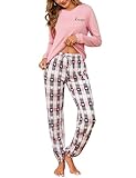 Bresdk Schlafanzug Damen Lang Pyjama Baumwolle Winter Nachtwäsche Herz-Print Schlafanzughosen mit Tasche Warmer Pijamas Set Zweiteilige Schlafanzüge Rosa M