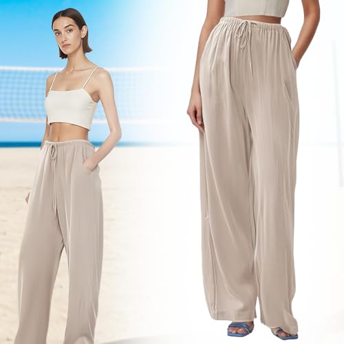 Women's Cotton Linen Pants, Summer High Waist Loose Fit Wide Leg Palazzo Casual Trousers with Pockets2