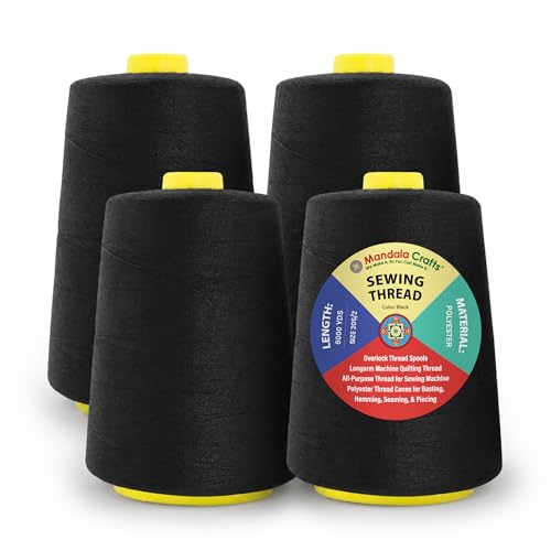 Mandala Crafts 20S/2 Black Polyester 4 Pack of Serger Threads Cones