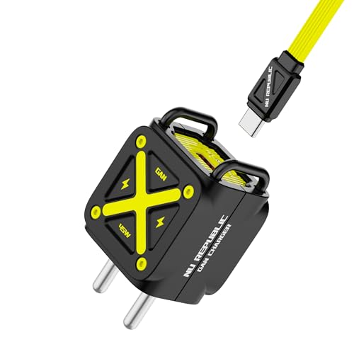 Image of Nu Republic Cybotron Cube 45W GaN Charger, Dual Output Type-C & USB-A, PD PPS Fast Charging, with Cable, for Type c Devices, Black /Yellow