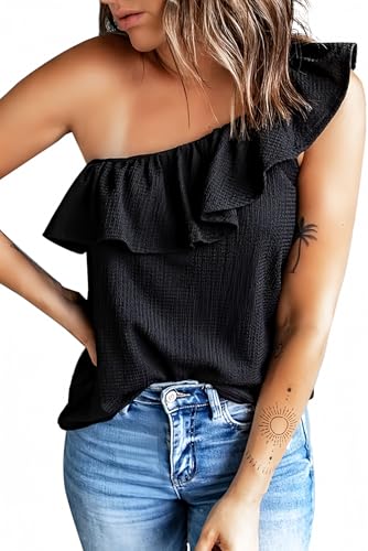 Dokotoo Womens One Shoulder Tops Ruffled Solid Tunic Shirts Sleeveless Loose Tank Top