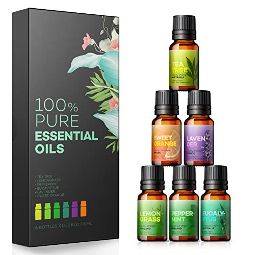 Essential Oils, Top 6*10ml Essential Oil Set, Pure Aromatherapy Oils Kit, Lavender, Eucalyptus, Peppermint, Tea Tree, Lemongrass, Sweet Orange Skin & Hair Care, Essential Oils for Diffusers for Home
