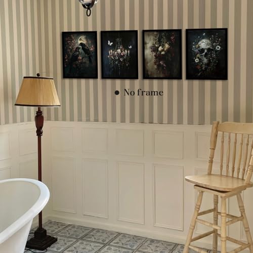 Image of WEFKODO Vintage Dark Academia Gothic Wall Decor, Vintage Moody Gothic Wall Art for Home Bedroom Bathroom Living Room Dorm College, Crow Skull Flower Goth Room Decor Posters Prints 4Pcs, 8x10 Unframed