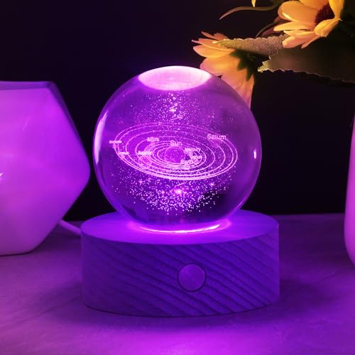 HOTUT Sfera di cristallo con sistema solare 3D con base in legno, luce notturna a LED per tavolo, regalo di compleanno, anniversario, decorazione per la casa