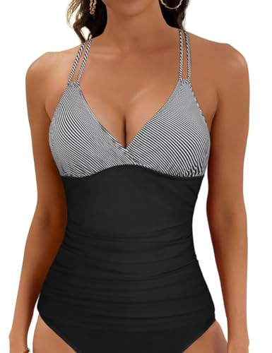 Hilor Women's Underwire Tankini Top Only Ruched Tummy Control Bathing Suits V Neck Crossback Swim Tops