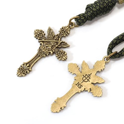 Nazareth Store Antique Bronze Metal Rugged Durable Paracord Rosary Necklace Black Matte Prayer Beads with Saint Medal and Crucifix3