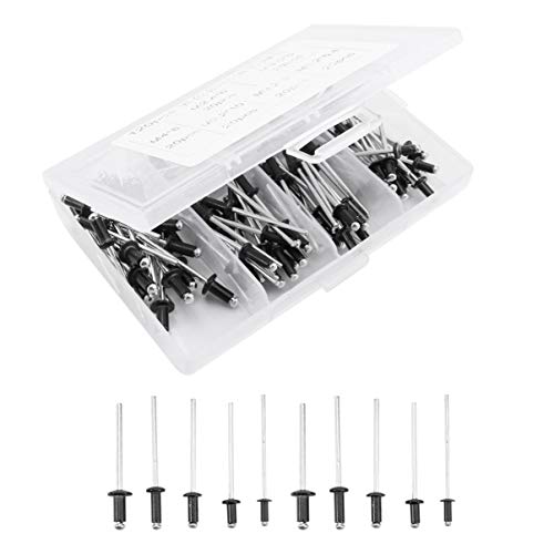 DOITOOL 120 Stücke Aluminium Niet Sortiment Schwarz Blindnieten Ziehen Nieten mit Aufbewahrungskoffer Aluminium Pop Nieten für Möbel Sortiment Kit (M2.4 M3.0 M3.2 M4) Cover