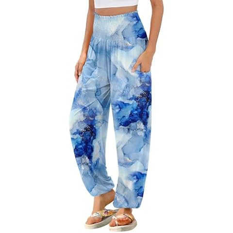 Lovekider Girl's Harem Joggers Pants Blue 3D Marble Child Casual Yoga Sweatpants Kids Workout Hippie Trouser with High Waist Pockets Long Enough Cover