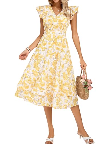 Kate Kasin Womens Dresses Summer Short Sleeve Ruffle Floral V Neck Flowy Aline Casual Tiered Wedding Guest Midi Sundress