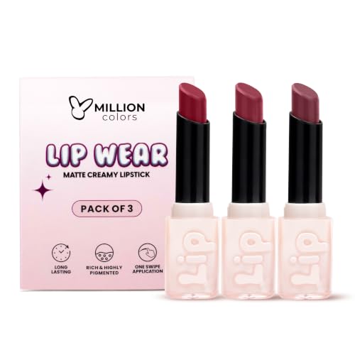 Image of Million Colors Lip Wear Creamy Matte Hydrating Lipstick Infused With Argan Oil, Shea Butter , Papaya Seed and Vitamin E| Highly Pigmented, Smudge-Proof and Creamy Matte Finish (The Rose Collection, Pack of 3)