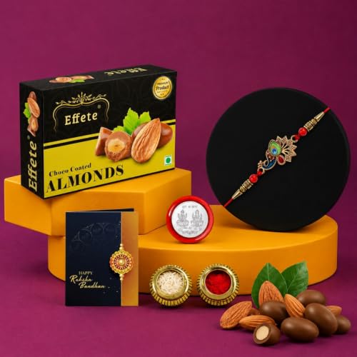 Image of DeoDap Designer Lotus Elephant Magic (32g) Silver Rakhi Set of 2 with Chocolate, Silver Pooja Coin, Tilak Set, Greeting Card - Rakhi Gift for Brother