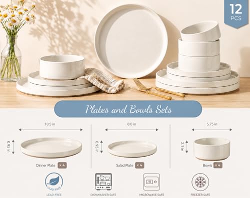 Image of AmorArc Ceramic Dinnerware Set for 4 | Speckled Stoneware Plates and Bowls with unglazed terracotta | Scratch Resistant, Dishwasher & Microwave Safe Modern Dishes Sets- 12Pcs