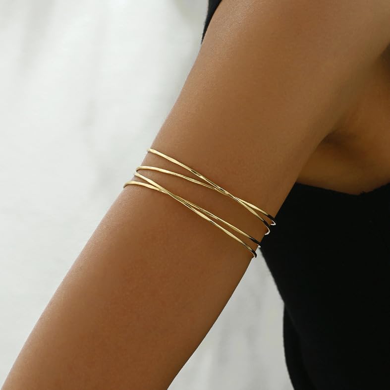 3PCS Gold Chunky Cuff Bracelets for Women Irregular Minimalist Statement Bangle Bracelets Set Open Wide Bangle Arm Cuff Daily Outfits Jewelry - Image 5