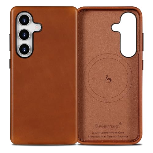 Belemay Leather Case for Samsung Galaxy S25 Compatible with MagSafe, Premium Full-Grain Vegetable-Tanned Leather, Rich Patina, Secure Grip, Metal Buttons, Smooth & Luxury Cover, Saddle Brown
