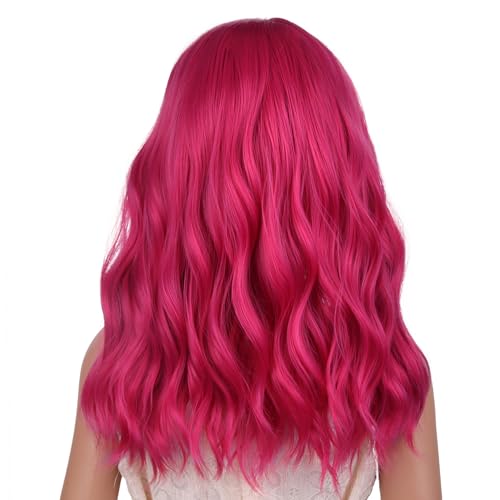 Image of Hot Pink Wig Short Hot Pink Wavy Curly Wigs Pink Wig with Air Bangs ynthetic Cosplay Hair Wig