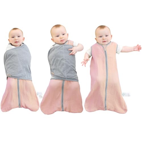 Image of BlueSnail Super Soft Muslin Baby Sleep Sack with Removable Swaddle,2-in-1 Transition Swaddle 0-3 Months, 2-Way Zipper for Easy Diaper Changes (pink)