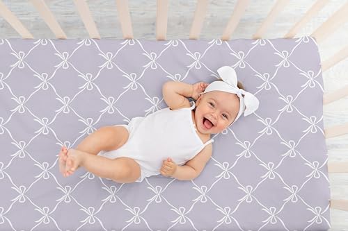 Image of Sweet Jojo Designs Fitted Baby Crib Sheets (White and Purple Bows) for Girls, Infant Nursery, Toddler Room - Standard Size (Lavender Bow for Shabby Chic, Ballet, Dancer, Ballerina Princess Collection)