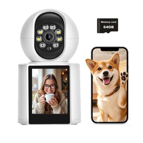 lvssiao Telecamera Wi-Fi Interno, Videocamera Sorveglianza Telecamera Bambini + Scheda SD 64G per Audio Bidirezionale Tracciamento del Movimento Visione Notturna Cani/Animali/Casa/Bambini/Pet