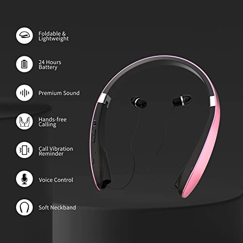 Image of Foldable Bluetooth Headphones, Wireless Neckband with Retractable Earbuds, Stereo Noise Cancelling Headphones with Carrying Case for Sports and Exercise (Gold)