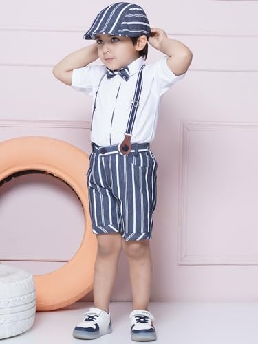 Image of AJ DEZINES Kids Cotton Blend Stripes Shirt Shorts With Cap and Suspender Set For Boys
