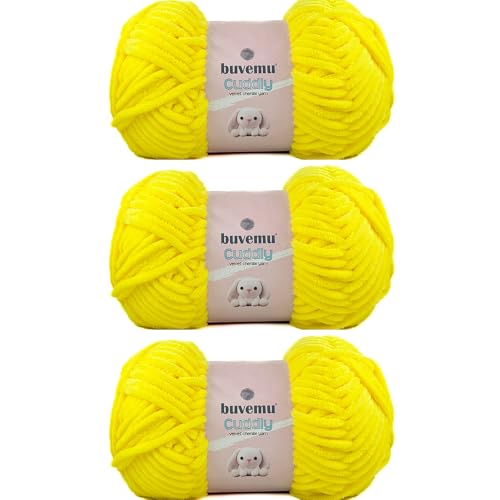 Image of Cuddly Velvet Chenille Yarn, Super Soft Fluffy Bulky for Knitting Crocheting Blanket Amigurumi, Durable for Shedding, 100 Gram (3.53 Ounces) 109 Yards (100 Meters) (Bright Yellow) (3 Skeins)