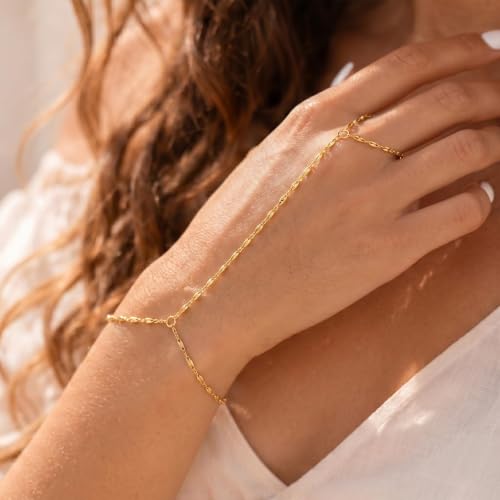 Image of Long tiantian Hand Chain Bracelet Gold Link Finger Ring Slave Bracelet