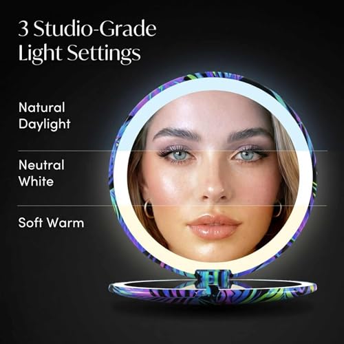 Image of Fancii Taylor LED Lighted Compact Travel Mirror, Rechargeable, 10x /1x Magnifying, 3 Light Settings - Best for Makeup, On The Go Touch-Ups, Grooming (Neon Oasis)