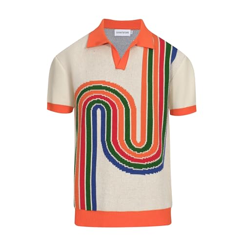 OXKNIT Vintage Polo Shirt for Men's Art Graphic V-Neck Knitted Short Sleeve Polo Shirt