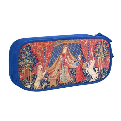 貴婦人と一角獣 我が唯一つの望みにペンケース 筆箱 文具ケース おしゃれ 筆袋 鉛筆ケース 鉛筆のサック 中高校生 軽量 収納バッグ 学生 子供 誕生日 入学ギフト 大容量 ダブルレイヤーBlue