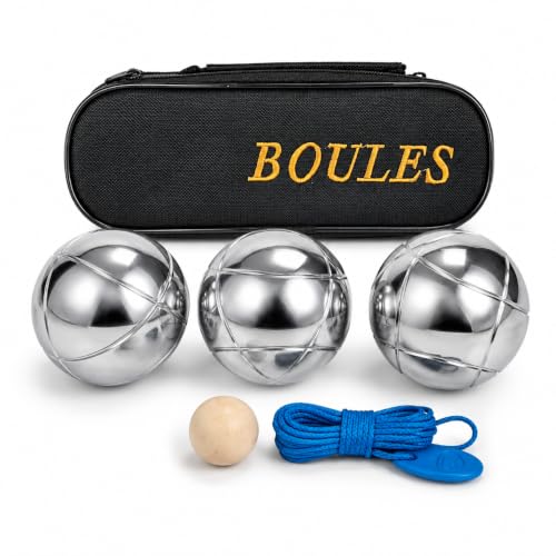 BURAKH 3 French Boules Petanque Set Chrome Steel Balls with Wooden Jack & Carry Case Outdoor Garden Game for Family Beach & Camping (Pack of 3)
