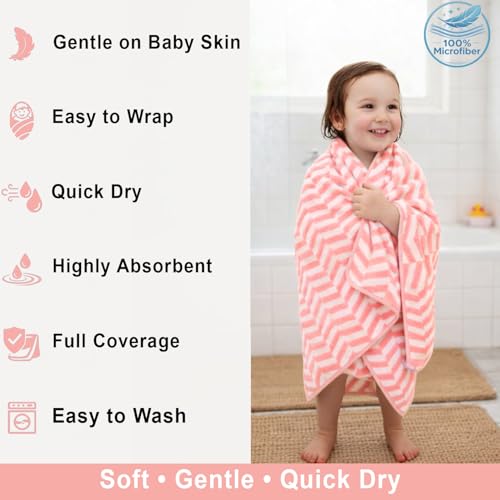 Image of LUXE HOME INTERNATIONAL Microfibre Bath Towel Chevron Pattern Super Absorbent Quick Dry Lightweight Soft Towels for Kids Boys Girls Adults 70x132cm Pink Pack of 1