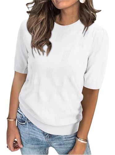 Image of jonivey Women's 2025 Soft Crew Neck Summer Short Sleeve Pullover Sweater Fashion Trendy Dressy Casual Outfit Knit Blouse