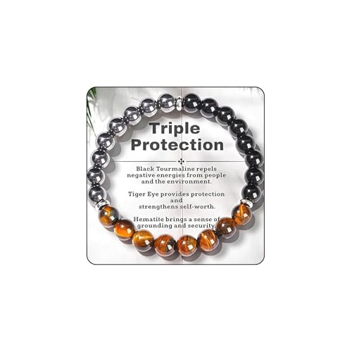 AstraGlam Pulsera de triple protección con ojo de tigre, turmalina negra y hematita – Fuerza, protección y equilibrio para hombres y mujeres, regalo para el día de la madre, día del padre, Navidad,