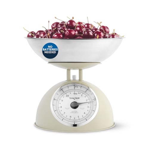 Salter Timeless Balanza de Cocina Mecánica – Bol Seguro para Lavavajillas de 2L, Esferas Fáciles de Leer, Dígitos Grandes, Sin Pilas, Diseño Retro, Capacidad de 5kg, Pesar Ingredientes, Crema