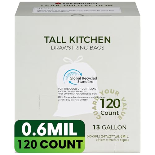 Large Trash Bag 13 Gallon Tall Drawstring 100% Post-Consumer Recycled Garbage Bag Waste Bag for Kitchen Office