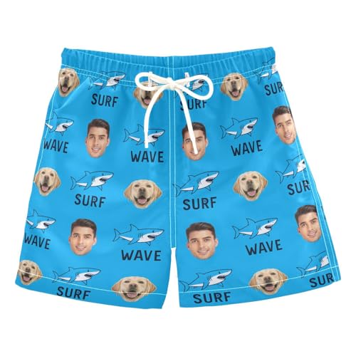 Custom Father Son Matching Swim Trunks Funny Shark Personalized Dad and Son Matching Swim Trunks Board Shorts Ligth Blue - Main Image
