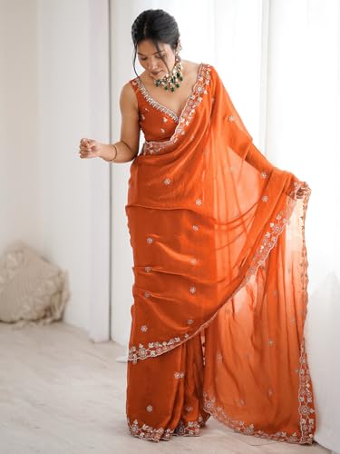 Image of Satrani Women's Tissue Silk Scalloped Border Sequins Embroidery Saree with Unstitched Blouse Piece