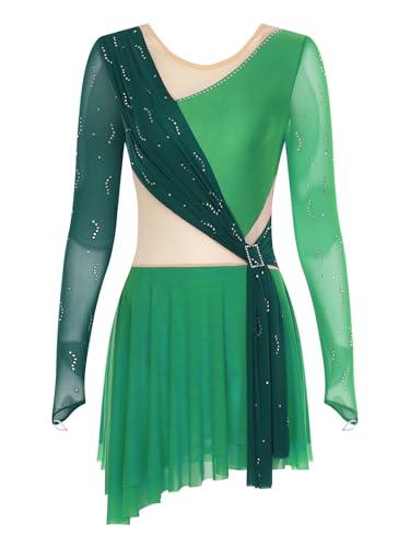 Yhong Vestido de patinaje artístico para mujer, traje de ballet, vestido de patinaje sobre hielo, vestido de manga larga, vestido de ballet, malla de patchwork, vestido de baile lírico, vestido de