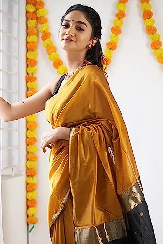 Image of SGF11 Women's Kanjivaram Soft Cotton Linen Silk Saree With Blouse Piece (Yellow Black)