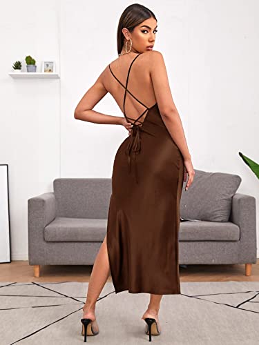 Crisscross Back High Split Dress (Color : Chocolate Brown, Size : X-Small)