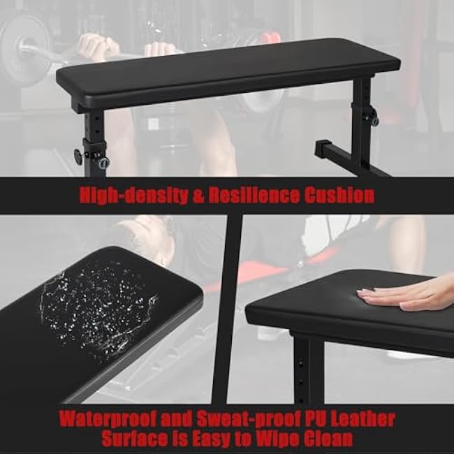 Flat Weight Bench, Utility Workout Adjustable Height Weight Bench Press with Thick Cushion & Anti-slip Foot Pads, Compact Strength Training for Exercise & Fitness, Home/Gym Easy Assembly