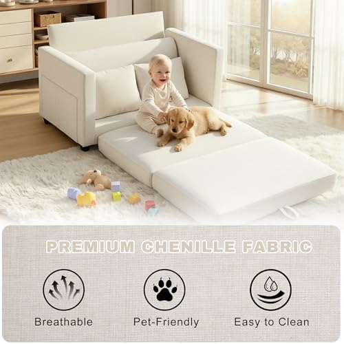 Image of 52 inch Loveseat Sleeper Sofa Bed, Convertible Small Pull Out Couch with Solid Back, 2 Pillows, Modern Upholstered Loveseat for Compact Living Room, Apartment, Bedroom, Beige