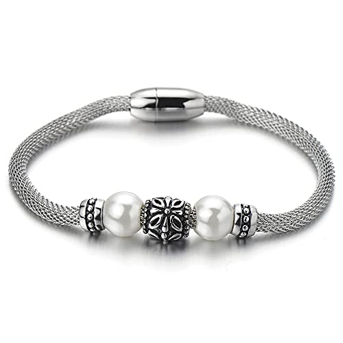 Synthetic White Pearls Beads Flower Charm Beaded Bracelet