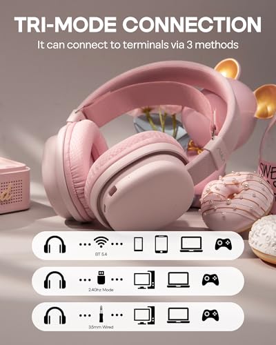 Image of MechLands Aula G7 Wireless Gaming Headset for PS4 /PS5 /PC /Switch, Over-Ear Headphones with Detachable Noise Canceling Mic, RGB, Surround Sound, 60H Battery, 2.4GHz /BT /Wired (Pink)